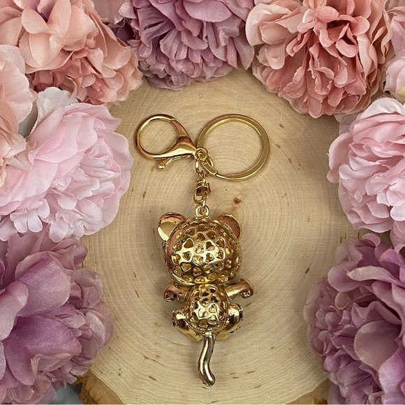 Peach and Silver Crystal Gold Tiger Keychain Charm - Picture 7 of 9